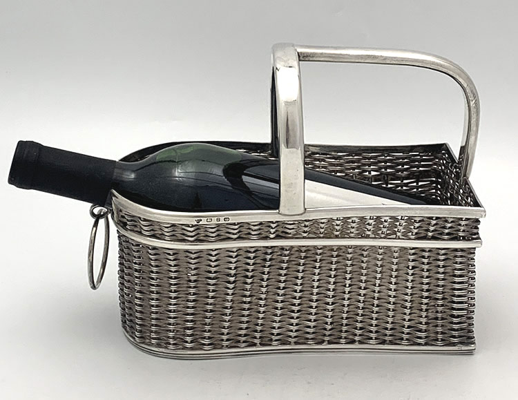 Maker Pembrook and Dickins Birmingham 1898 antique sterling basket woven wine bottle caddy